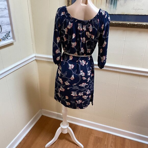 LUCKY BRAND Women's Small floral navy blue dress knee length 3/4 sleeve shift - Picture 4 of 7